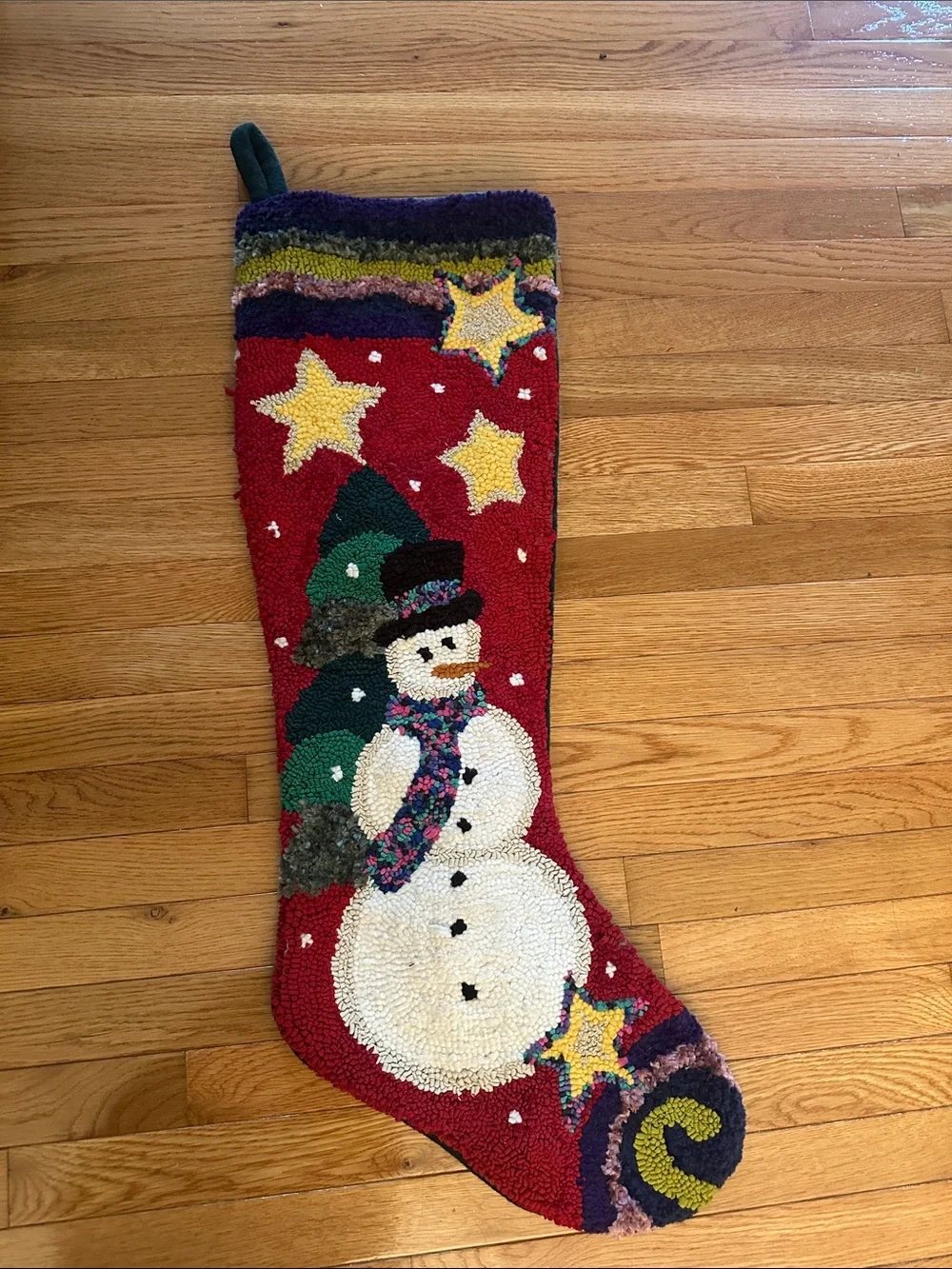 Beautiful vintage 36” wool and cotton handmade needlework snowman, star stocking